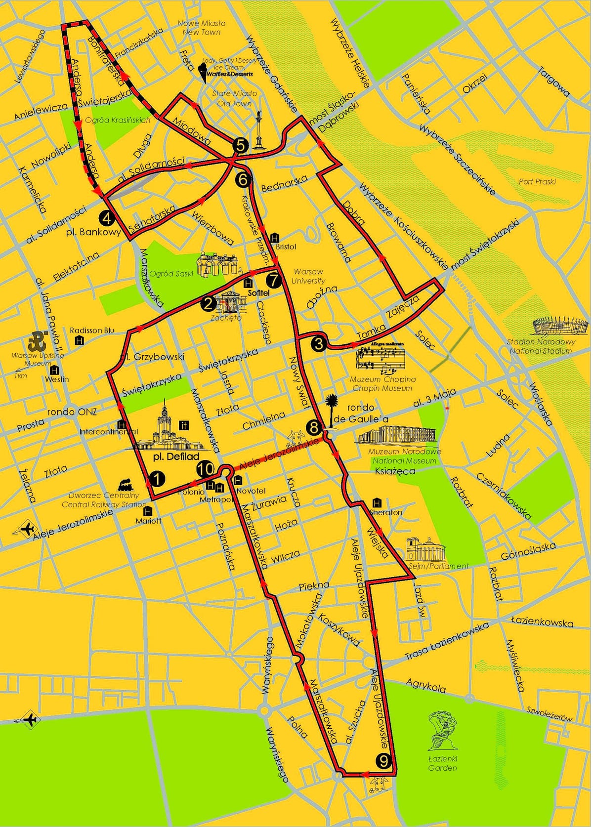 Mapa de Varsóvia hop on hop off ônibus