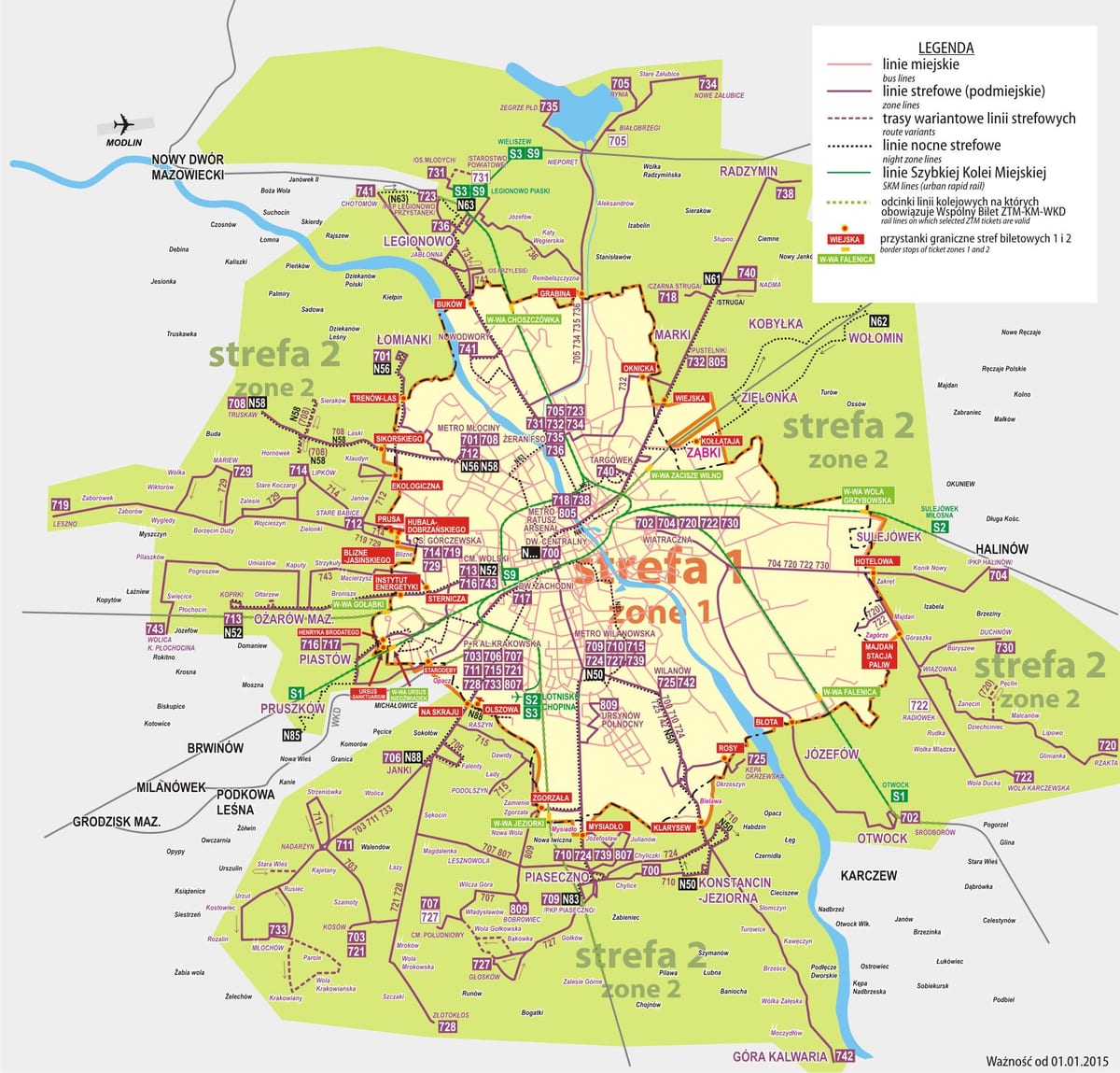 Mapa de Varsóvia ônibus 