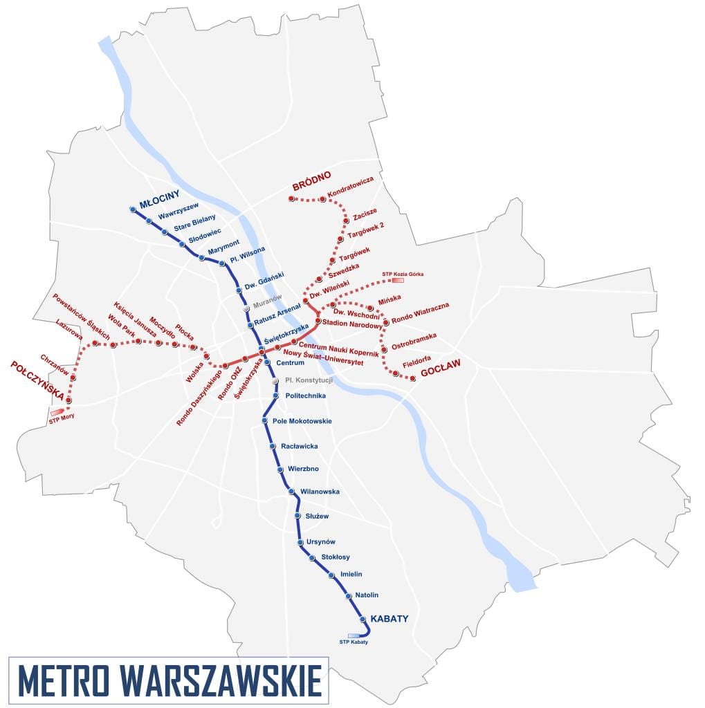 Mapa de Varsóvia metro de 2016
