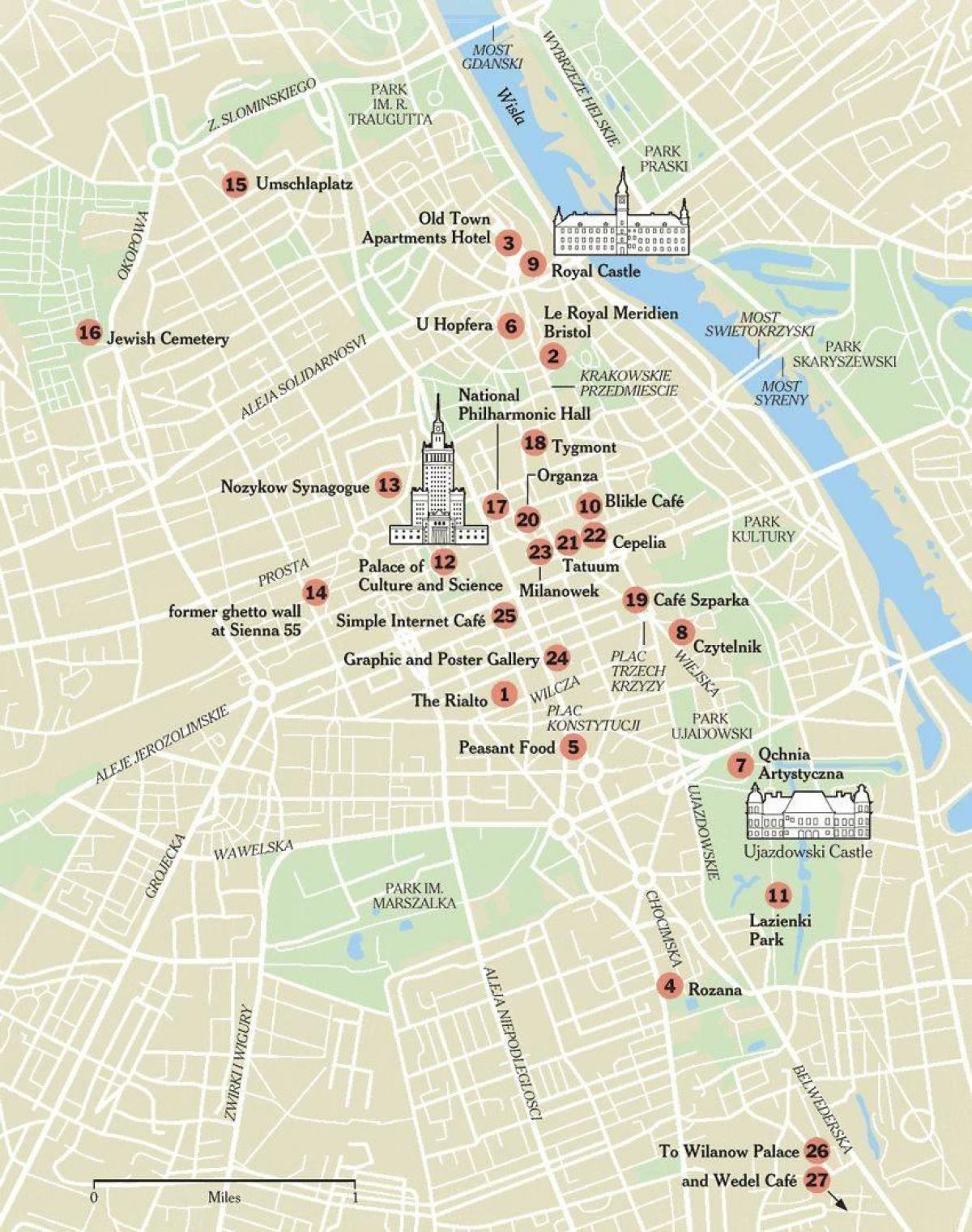 mapa de Varsóvia, com atrações turísticas