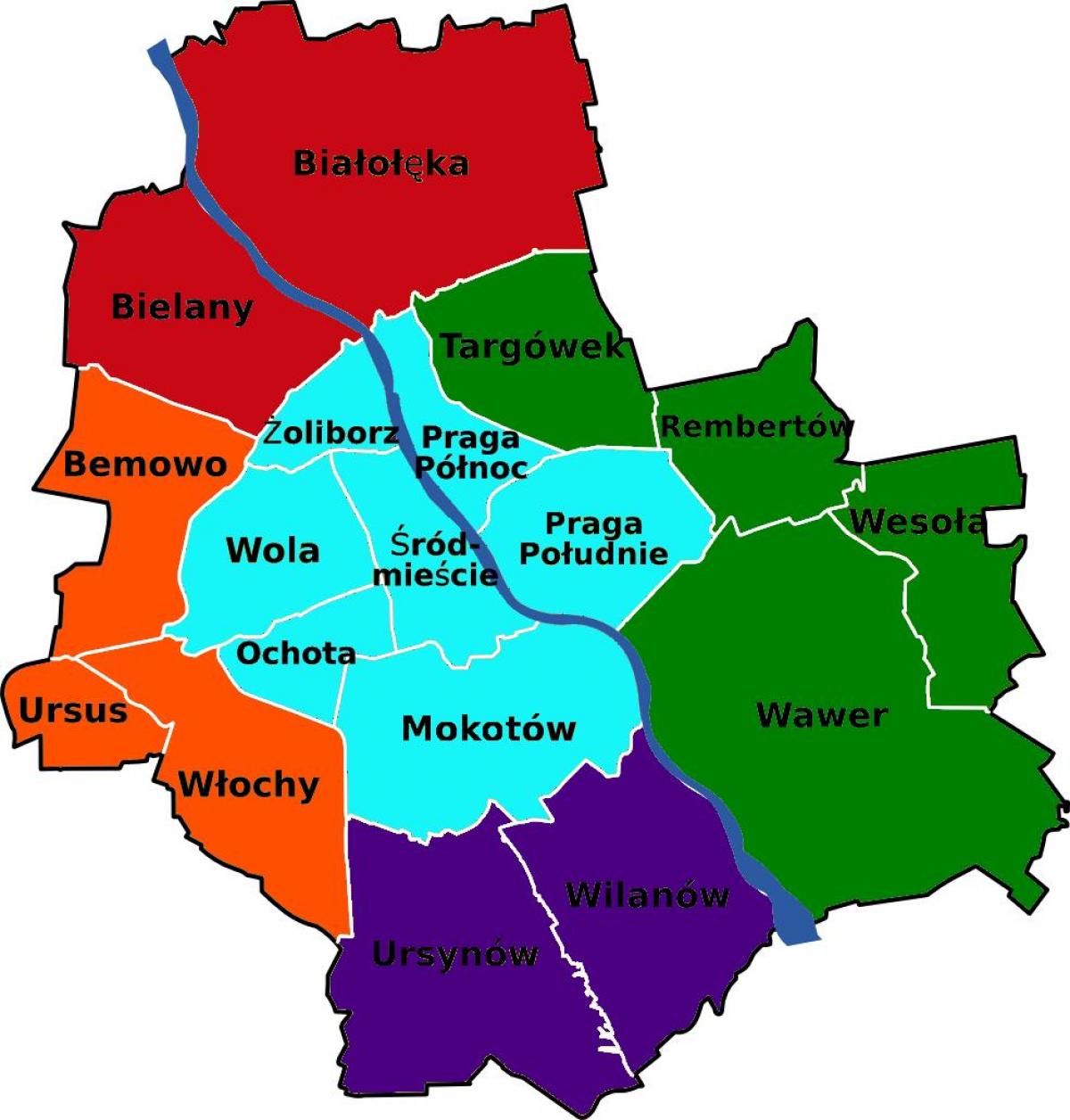 Mapa de Varsóvia distritos 